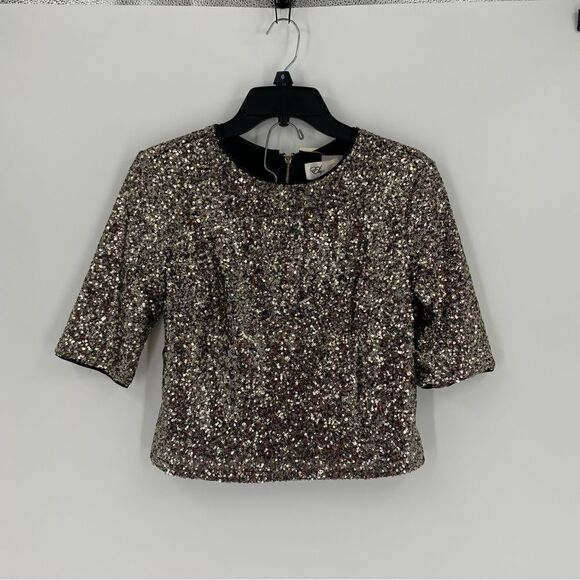 Eliza J Women’s Crew Neck Short Sleeve Cropped Sequin Blouse size 6 - Picture 1 of 3